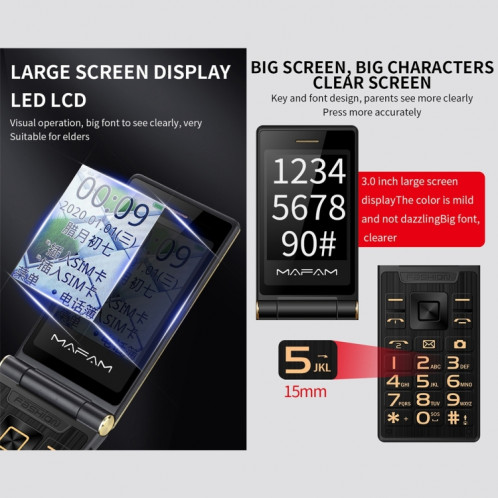 MAFAM F120 Flip Téléphone, 2.4 pouces, batterie 5800mAh, support FM, SOS, affichage de l'heure externe, GSM, numéro de famille, grandes touches, double SIM (or) SH032J1761-07