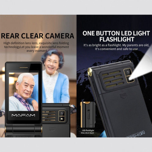 MAFAM F120 Flip Téléphone, 2.4 pouces, batterie 5800mAh, support FM, SOS, affichage de l'heure externe, GSM, numéro de famille, grandes touches, double SIM (or) SH032J1761-07