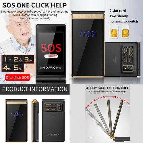 MAFAM F120 Flip Téléphone, 2,4 pouces, batterie 5800mAh, support FM, SOS, affichage de l'heure externe, GSM, numéro de famille, grandes touches, double SIM (rouge) SH032R1069-07