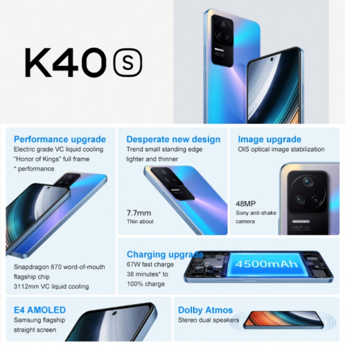 Xiaomi Redmi K40S 5G, appareil photo 48MP, 12 Go + 256 Go, Caméras triple arrière, batterie 4500 mAh, identification d'empreintes digitales, 6,67 pouces MIUI 13 Qualcomm Snapdragon 870 Octa Core jusqu'à 3,2 GHz, SX057B1710-07