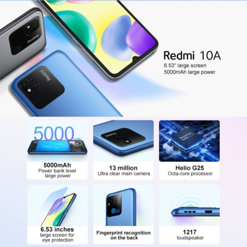 Xiaomi Redmi 10A, 4 Go + 64 Go, Batterie 5000 mAh, identification du visage, 6,53 pouces MIUI 12,5 MTK Helio G25 Octa Core jusqu'à 2,0 GHz, réseau : 4G, double SIM, prise en charge de Google Play (noir) SX066B1275-07