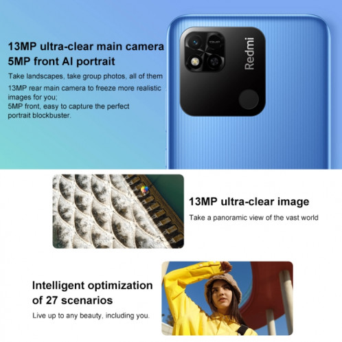 Xiaomi Redmi 10A, 4 Go + 64 Go, Batterie 5000 mAh, identification faciale, 6,53 pouces MIUI 12,5 MTK Helio G25 Octa Core jusqu'à 2,0 GHz, réseau : 4G, double SIM, prise en charge de Google Play (bleu) SX066L1618-07