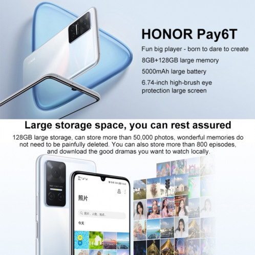 Honor Play6T 5G, 8 Go + 128 Go, version chinoise, Caméras triple arrière, identification d'empreintes digitales latérales, batterie 5000 mAh, 6,74 pouces Magic UI 5.0 (Android 11) MediaTek Dimensity 700 Octa Core SH077B905-07