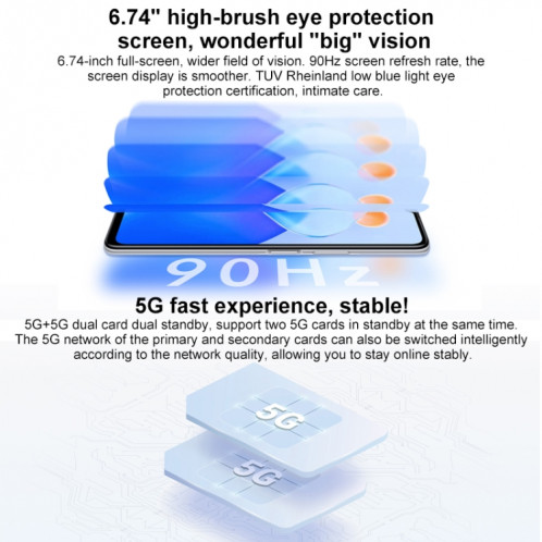 Honor Play6T 5G, 8 Go + 128 Go, version chinoise, Caméras triple arrière, identification d'empreintes digitales latérales, batterie 5000 mAh, 6,74 pouces Magic UI 5.0 (Android 11) MediaTek Dimensity 700 Octa Core SH077B905-07
