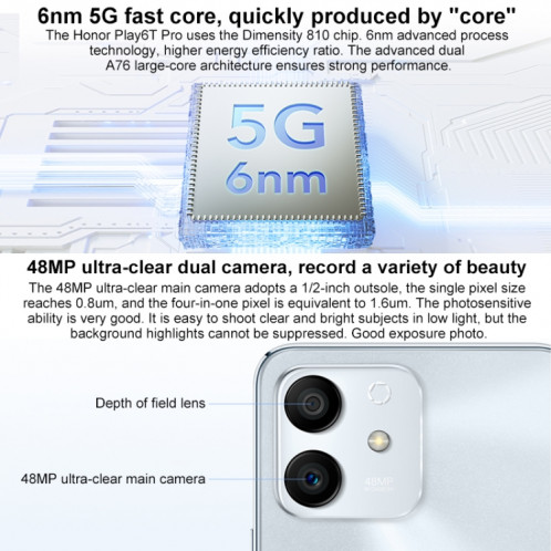 Honor Play6T Pro 5G TFY-AN40, 8 Go + 256 Go, version chinoise, Double caméra arrière, identification d'empreintes digitales latérales, batterie 4000 mAh, 6,7 pouces Magic UI 5.0 (Android 11) MediaTek Dimensity 810 SH079B150-07