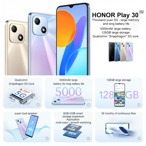 Honor Play 30 5G VNE-AN00, 4 Go + 128 Go, version chinoise, Identification du visage, 5000 mAh, 6,5 pouces Magic UI 5.0 / Android 11 Qualcomm Snapdragon 480 Plus Octa Core jusqu'à 2,2 GHz, réseau : 5G, ne prend pas en SH105B623-06