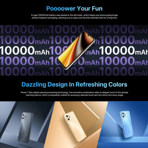Umidigi Power 7 Max, caméra 48MP, 6 Go + 128 Go, Caméras triples arrière, batterie de 10000mAh, ID de visage et identification d'empreinte digitale latérale, 6,7 pouces Android 11 UNISOC T610 Octa Core jusqu'à 1,8 SU114L472-07