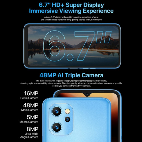 Umidigi Power 7 Max, caméra 48MP, 6 Go + 128 Go, Caméras triples arrière, batterie de 10000mAh, ID de visage et identification d'empreinte digitale latérale, 6,7 pouces Android 11 UNISOC T610 Octa Core jusqu'à 1,8 SU114L472-07
