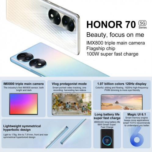 Honor 70 5G FNE-AN00, appareils photo 54MP, 12 Go + 256 Go, version chinoise, Caméras triple arrière, identification des empreintes digitales de l'écran, 6,67 pouces Magic UI 6.1 Qualcomm Snapdragon 778G Plus Octa SH41JB1261-07