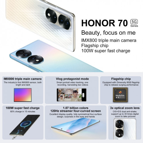 Honor 70 Pro 5G SDY-AN00, appareils photo 54MP, 8 Go + 256 Go, version chinoise, Caméras triple arrière, identification des empreintes digitales de l'écran, 6,78 pouces Magic UI 6.1 Dimensity 8000 Octa Core jusqu'à SH143J585-07