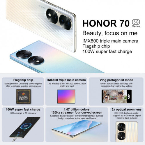 Honor 70 Pro+ 5G HPB-AN00, appareils photo 54MP, 12 Go + 256 Go, version Chine, Caméras triple arrière, identification des empreintes digitales de l'écran, 6,78 pouces Magic UI 6.1 Dimensity 9000 Octa Core jusqu'à SH46JB1625-07