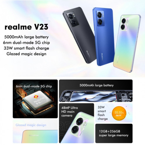Realme V23 5G, appareil photo 48MP, 12 Go + 256 Go, Caméras arrière doubles, identification d'empreintes digitales latérales, batterie 5000 mAh, Realme UI 3.0 de 6,58 pouces / Android 12 MediaTek Dimensity 810 Octa SR75NB641-014