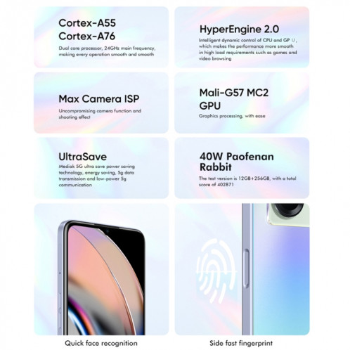 Realme V23 5G, appareil photo 48MP, 12 Go + 256 Go, Caméras arrière doubles, identification d'empreintes digitales latérales, batterie 5000 mAh, Realme UI 3.0 de 6,58 pouces / Android 12 MediaTek Dimensity 810 Octa SR75NB641-014