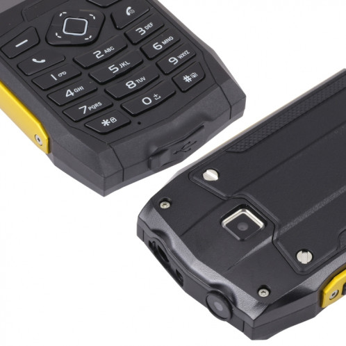 Téléphone robuste Rugtel R1D, IP68 étanche à la poussière et aux chocs, 2,4 pouces, MTK6261D, batterie 2000 mAh, haut-parleur fort, FM, réseau : 2G, double SIM (jaune) SR304Y1553-013