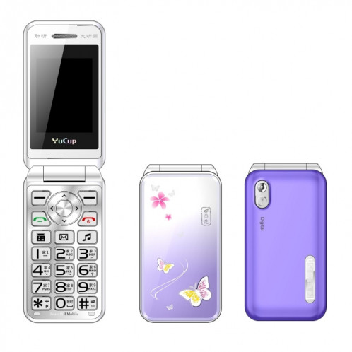 N509 Femmes Flip Téléphone, 2,4 pouces, 6800 mAh, prise en charge FM, lampes de poche, MP3, grandes touches, double carte SIM, prise UE (violet) SH312P5-08