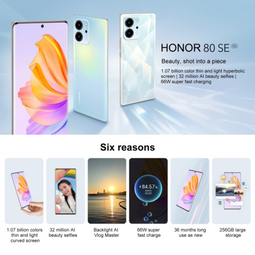 Honor 80 SE 5G GIA-AN80, appareils photo 64MP, 8 Go + 256 Go, version chinoise, Caméras triple arrière, identification des empreintes digitales de l'écran, 6,67 pouces Magic OS 7.0 Android 12 Dimensity 900 MT6877 Octa SH326L1735-012