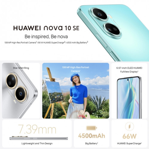 HUAWEI nova 10 SE BNE-AL00, 128 Go, version chinoise, Caméras arrière triple + caméra frontale unique, identification d'empreintes digitales latérales, 6,67 pouces HarmonyOS 2.0.1 Qualcomm Snapdragon 680 Octa Core, SH335S1890-013