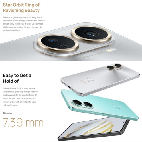 HUAWEI nova 10 SE BNE-AL00, 128 Go, version chinoise, Caméras arrière triple + caméra frontale unique, identification d'empreintes digitales latérales, 6,67 pouces HarmonyOS 2.0.1 Qualcomm Snapdragon 680 Octa Core, SH335S1890-013