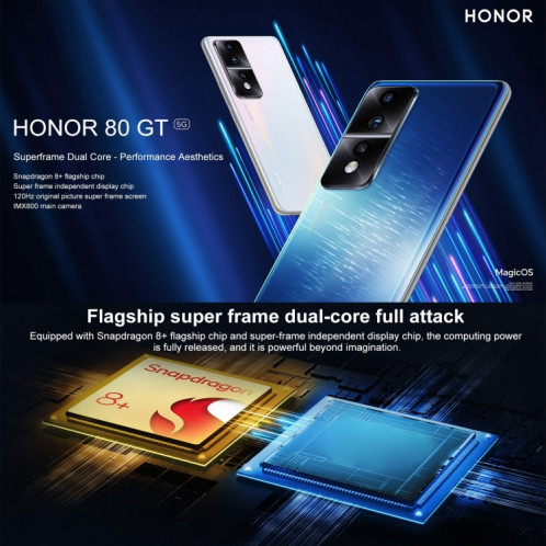 Honor 80 GT 5G AGT-AN00, appareils photo 54MP, 12 Go + 256 Go, version chinoise, Caméras arrière triples, identification du visage/identification des empreintes digitales de l'écran, 6,67 pouces Magic UI 7.0 Qualcomm SH359W1562-013