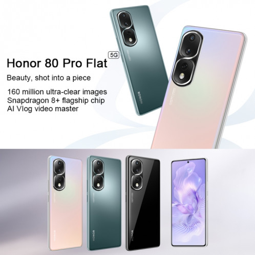 Honor 80 Pro Flat 5G ANB-AN00, caméras 160MP, 12 Go + 256 Go, version chinoise, Caméras triple arrière, identification des empreintes digitales de l'écran, 6,67 pouces Magic UI 7.0 Qualcomm Snapdragon 8+ Gen1 Octa SH76JB856-010