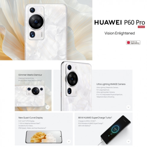 HUAWEI P60 Pro MNA-AL00, 512 Go, appareil photo 48 MP, version chinoise, Caméras triple arrière, identification d'empreintes digitales à l'écran, 6,67 pouces HarmonyOS 3.1 Qualcomm Snapdragon 8+ 4G Octa Core jusqu'à SH25EM1568-014