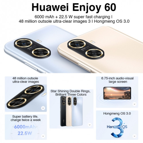 Huawei Enjoy 60 128 Go MGA-AL40, appareils photo 48 MP, version Chine, Double caméra arrière, identification du visage et identification des empreintes digitales latérales, batterie 6000 mAh, 6,75 pouces HarmonyOS 3.0 SH429B1643-09