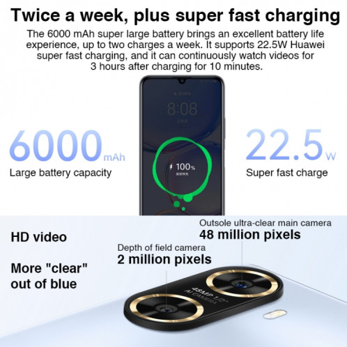 Huawei Enjoy 60 128 Go MGA-AL40, appareils photo 48 MP, version Chine, Double caméra arrière, identification du visage et identification des empreintes digitales latérales, batterie 6000 mAh, 6,75 pouces HarmonyOS 3.0 SH429B1643-09