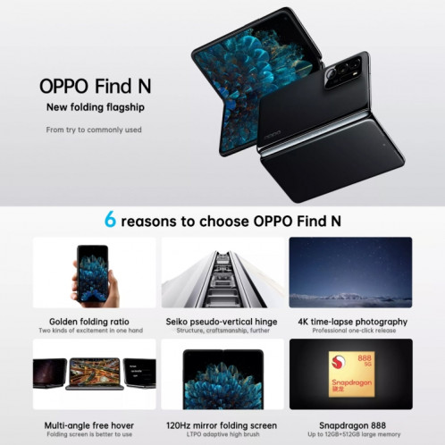 OPPO Find N 5G, 8 Go + 256 Go, appareil photo 50MP, version chinoise, Caméras arrière triples, identification du visage et identification des empreintes digitales latérales, écran 7,1 pouces + 5,49 pouces, ColorOS 12 SO435W1273-014