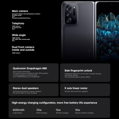 OPPO Find N 5G, 12 Go + 512 Go, appareil photo 50MP, version chinoise, Caméras arrière triples, identification du visage et identification des empreintes digitales latérales, écran 7,1 pouces + 5,49 pouces, ColorOS SO436P51-014