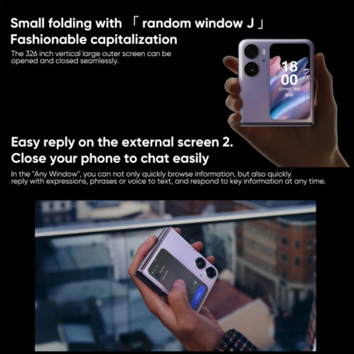 OPPO Find N2 Flip 12 Go + 256 Go, appareil photo 50MP, version chinoise, Caméras arrière doubles, identification du visage et identification des empreintes digitales latérales, écran 6,8 pouces + 3,26 pouces, ColorOS SO440P1187-014
