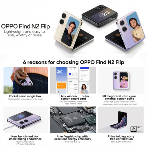 OPPO Find N2 Flip 16 Go + 512 Go, appareil photo 50MP, version chinoise, Double caméra arrière, identification du visage et identification des empreintes digitales latérales, écran 6,8 pouces + 3,26 pouces, ColorOS SO441J556-017