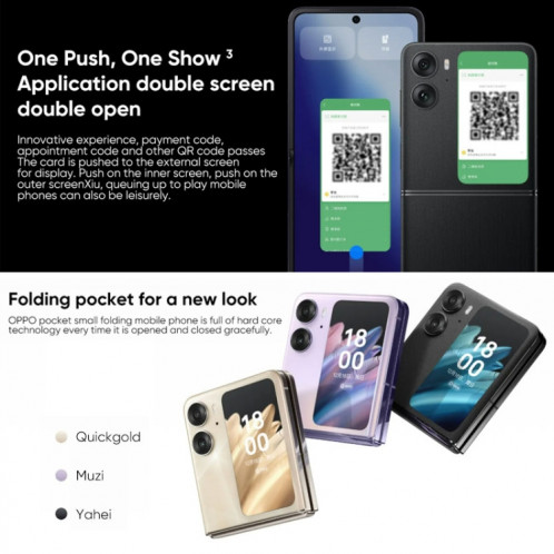 OPPO Find N2 Flip 16 Go + 512 Go, appareil photo 50MP, version chinoise, Double caméra arrière, identification du visage et identification des empreintes digitales latérales, écran 6,8 pouces + 3,26 pouces, ColorOS SO441B893-017
