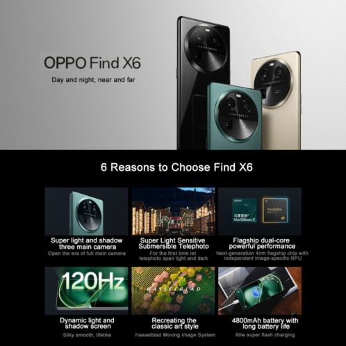 OPPO Find X6 5G, 12 Go + 256 Go, appareil photo 50MP, version chinoise, Triple caméras arrière, 6,74 pouces ColorOS 13.1 Dimensity 9200 Octa Core jusqu'à 3,05 GHz, réseau : 5G, prise en charge de Google Play (vert) SO442G1307-014