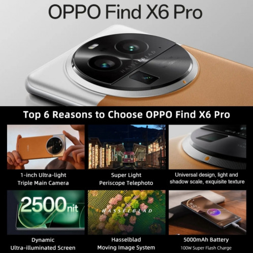 OPPO Find X6 Pro 5G, 16 Go + 512 Go, appareil photo 50MP, version chinoise, Triple caméras arrière, 6,82 pouces ColorOS 13.1 Qualcomm Snapdragon 8 Gen 2 Octa Core jusqu'à 3,187 GHz, réseau : 5G, prise en charge de SO446Z228-012