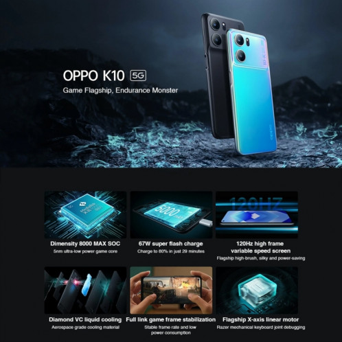 OPPO K10 5G, 8 Go + 256 Go, appareil photo 64MP, version chinoise, Triple caméras arrière, identification d'empreintes digitales latérales, 6,59 pouces ColorOS 12.1 Dimensity 8000-MAX Octa Core jusqu'à 2,75 Ghz, SO447B1339-011