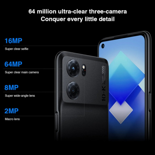 OPPO K10 5G, 8 Go + 256 Go, appareil photo 64MP, version chinoise, Triple caméras arrière, identification d'empreintes digitales latérales, 6,59 pouces ColorOS 12.1 Dimensity 8000-MAX Octa Core jusqu'à 2,75 Ghz, SO447B1339-011