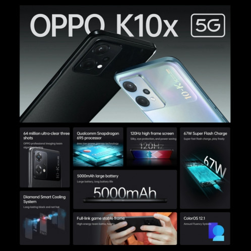 OPPO K10x 5G, 8 Go + 128 Go, appareil photo 64MP, version chinoise, Triple caméras arrière, identification d'empreintes digitales latérales, 6,59 pouces ColorOS 12.1 Qualcomm Snapdragon 695 Octa Core jusqu'à 2,2 GHz, SO50JS1183-010
