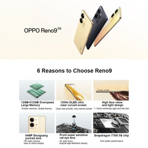 OPPO Reno9 5G, 12 Go + 512 Go, appareil photo 64MP, version chinoise, Caméras arrière doubles, 6,7 pouces ColorOS 13 / Android 13 Qualcomm Snapdragon 778G 5G Octa Core jusqu'à 2,4 Ghz, réseau : 5G, prise en charge de SO455R509-011