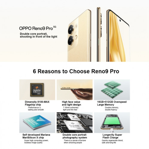 OPPO Reno9 Pro 5G, 16 Go + 512 Go, appareil photo 50MP, version chinoise, Caméras arrière doubles, 6,7 pouces ColorOS 13 / Android 13 Dimensity 8100-MAX Octa Core jusqu'à 2,85 GHz, Réseau : 5G, Prise en charge de SO457F1308-011