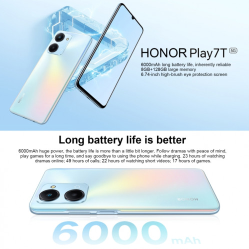 Honor Play7T RKY-AN10, appareil photo 50MP, 8 Go + 128 Go, version chinoise, Double caméra arrière, identification d'empreintes digitales latérales, batterie 6000 mAh, 6,74 pouces Magic UI 6.1 / Android 12 Dimensity SH472L311-011