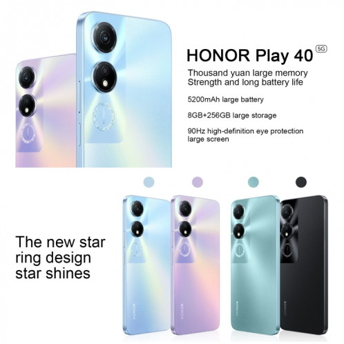 Honor Play 40 5G WDY-AN00, 8 Go + 256 Go, version chinoise, Identification faciale et identification d'empreintes digitales latérales, 5200 mAh, 6,56 pouces MagicOS 7.1 / Android 13 Qualcomm Snapdragon 480 Plus Octa SH508P1120-09