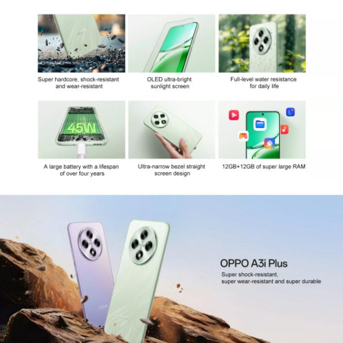 OPPO A3i Plus, 12 Go + 256 Go, écran 6,7 pouces, reconnaissance d'empreintes digitales, ColorOS 14.0, Qualcomm Snapdragon 695 5G Octa Core, OTG, réseau 5G (violet) SO560P1438-015