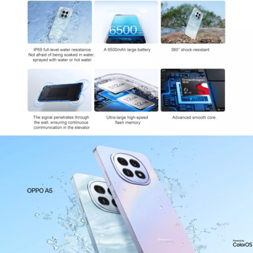 OPPO A5 5G, 12 Go + 256 Go, écran 6,7 pouces, reconnaissance d'empreintes digitales, ColorOS 15.0, Qualcomm Snapdragon 6 Gen 1 Octa Core, OTG, NFC, réseau 5G (bleu) SO564L1094-019