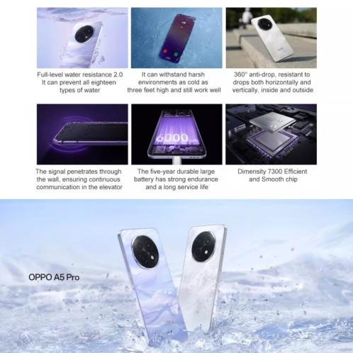OPPO A5 Pro, 12 Go + 256 Go, écran 6,7 pouces, lecteur d'empreintes digitales, ColorOS 15.0, MediaTek Dimensity 7300 Octa Core, OTG, NFC, réseau 5G (blanc) SO568W516-021