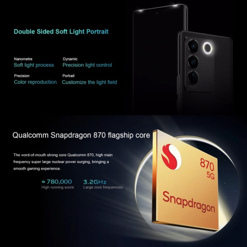 vivo S16 5G, appareil photo 64MP, 12 Go + 256 Go, Caméras triple arrière, identification d'empreintes digitales Srceen, batterie 4600 mAh, 6,78 pouces Android 13 OriginOS 3 Qualcomm Snapdragon 870 Octa Core jusqu'à SV802B1196-011