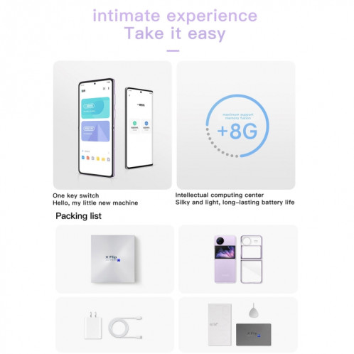 vivo X Flip 5G, appareil photo 50MP, 12 Go + 256 Go, Caméras arrière doubles, identification d'empreintes digitales latérales, batterie 4400 mAh, 6,74 pouces + 3,0 pouces Android 13.0 OriginOS 3 Qualcomm Snapdragon 8+ SV821B1300-018
