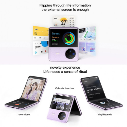 vivo X Flip 5G, appareil photo 50MP, 12 Go + 256 Go, Caméras arrière doubles, identification d'empreintes digitales latérales, batterie 4400 mAh, 6,74 pouces + 3,0 pouces Android 13.0 OriginOS 3 Qualcomm Snapdragon 8+ SV821B1300-018