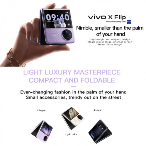 vivo X Flip 5G, appareil photo 50MP, 12 Go + 512 Go, Caméras arrière doubles, identification d'empreintes digitales latérales, batterie 4400 mAh, 6,74 pouces + 3,0 pouces Android 13.0 OriginOS 3 Qualcomm Snapdragon 8+ SV822P186-018