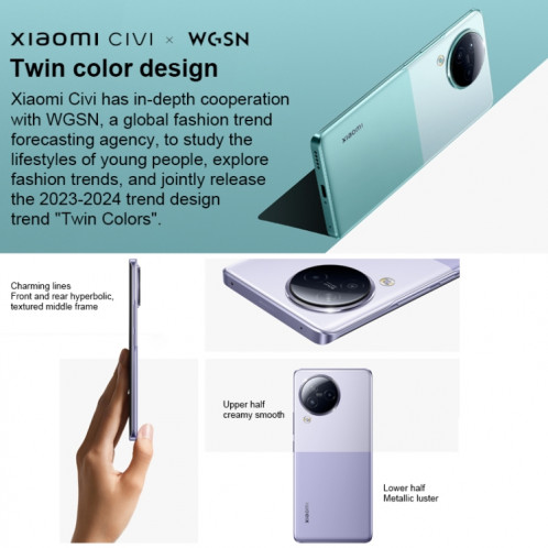Xiaomi Civi 3 5G, appareil photo 50MP, 12 Go + 512 Go, Caméras arrière triples + caméras frontales doubles, identification d'empreintes digitales à l'écran, batterie 4500 mAh, MIUI 6,55 pouces 14 Dimensity SX828H281-012