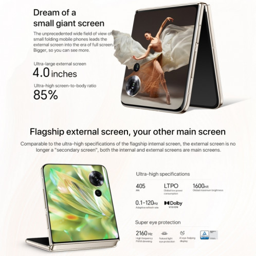 Honor Magic V Flip, 12 Go + 1 To, écran 6,8 pouces + 4,0 pouces MagicOS 8.0 Snapdragon 8+ Gen 1 Octa Core, réseau : 5G, NFC, OTG (blanc) SH920W1884-022